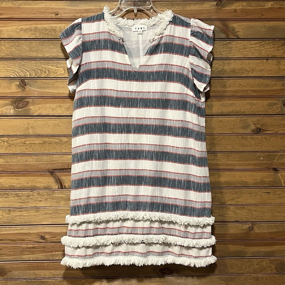 THML Women’s Fringed Red White Blue Shift Dress Size S Cap Sleeves Boho Peasant